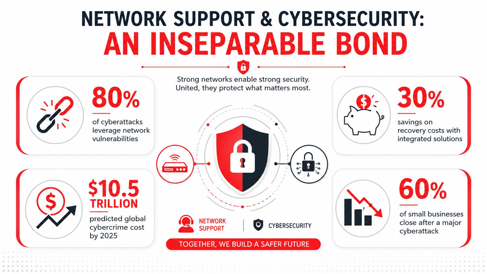 An infographic highlighting the inseparable relationship between effective network support and strong cybersecurity measures for businesses.