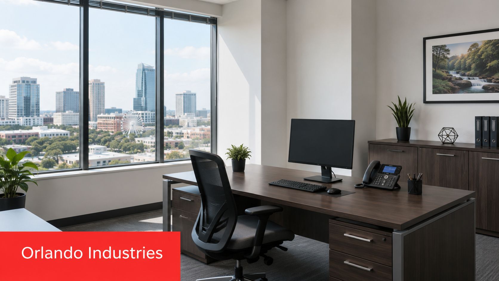 A modern executive office desk in Orlando with a view of the city skyline through large windows.