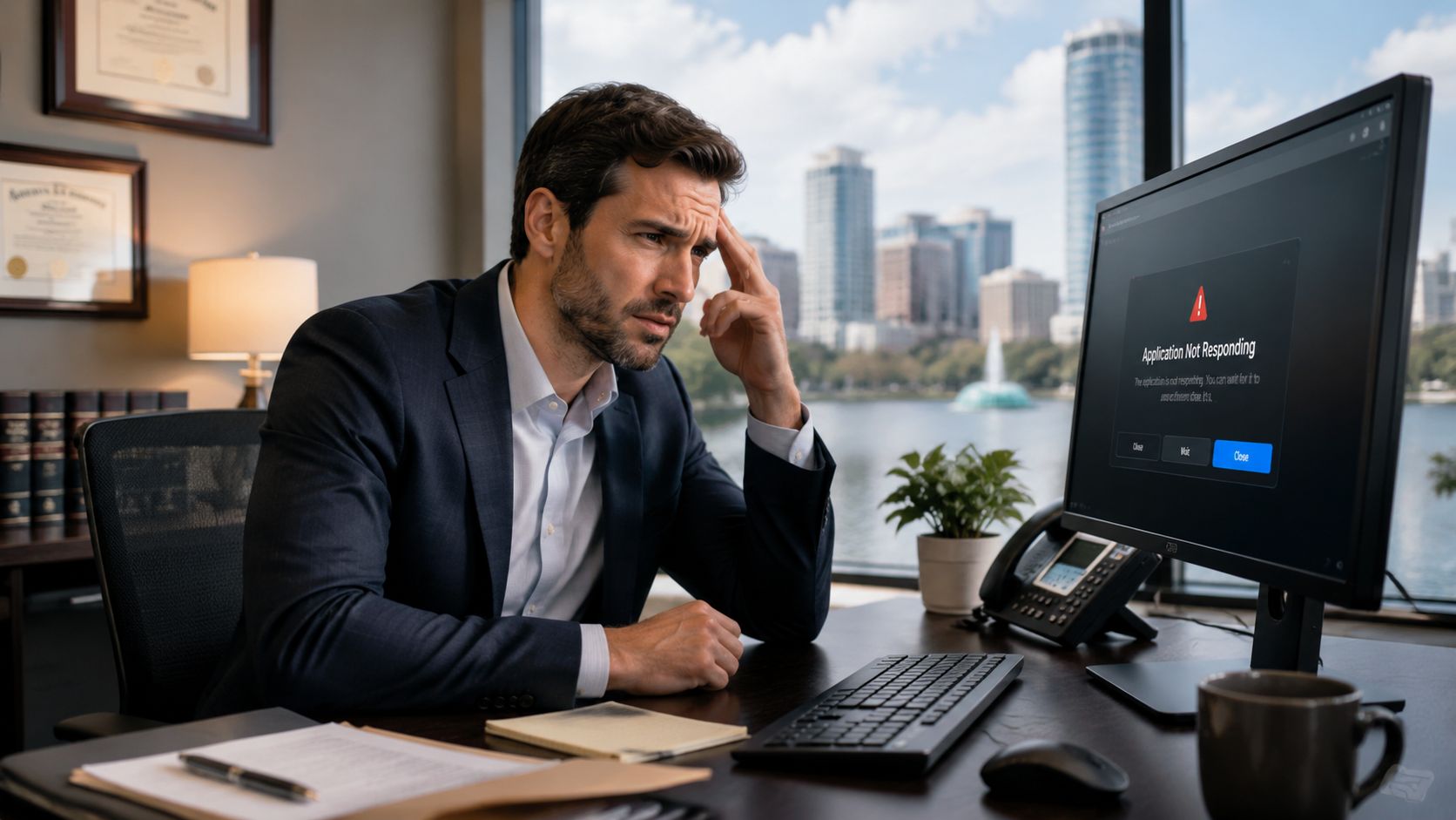 A stressed businessman looking at an application not responding error on his computer screen in an office.