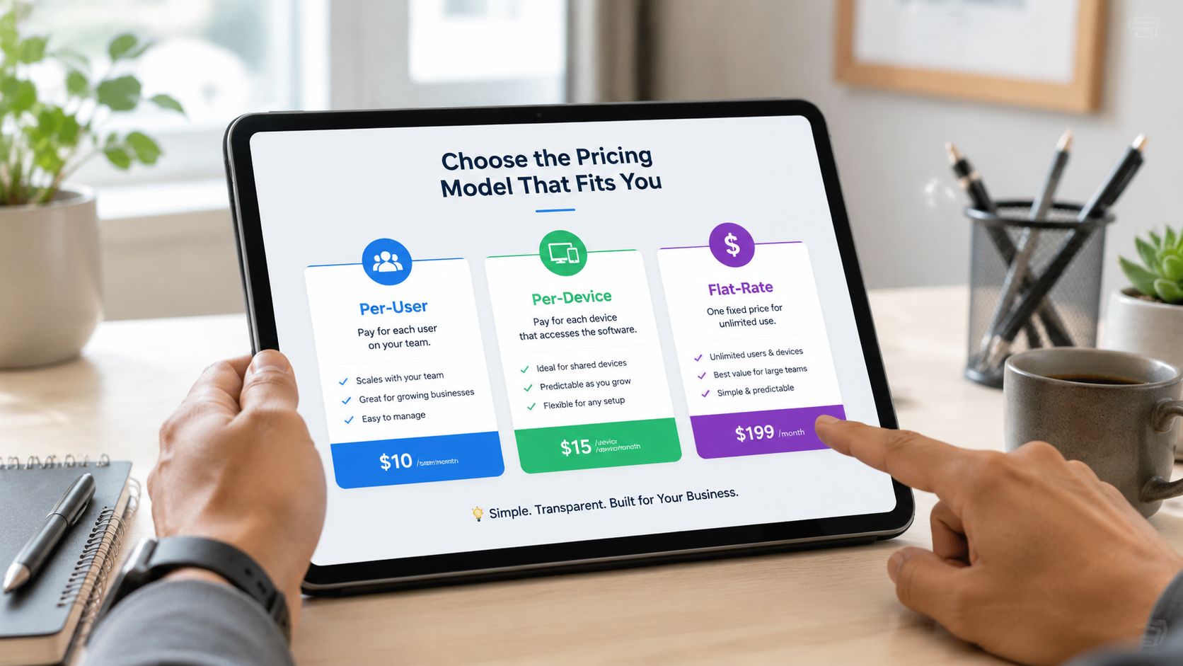 A person viewing software pricing models for businesses on a tablet device at a desk.