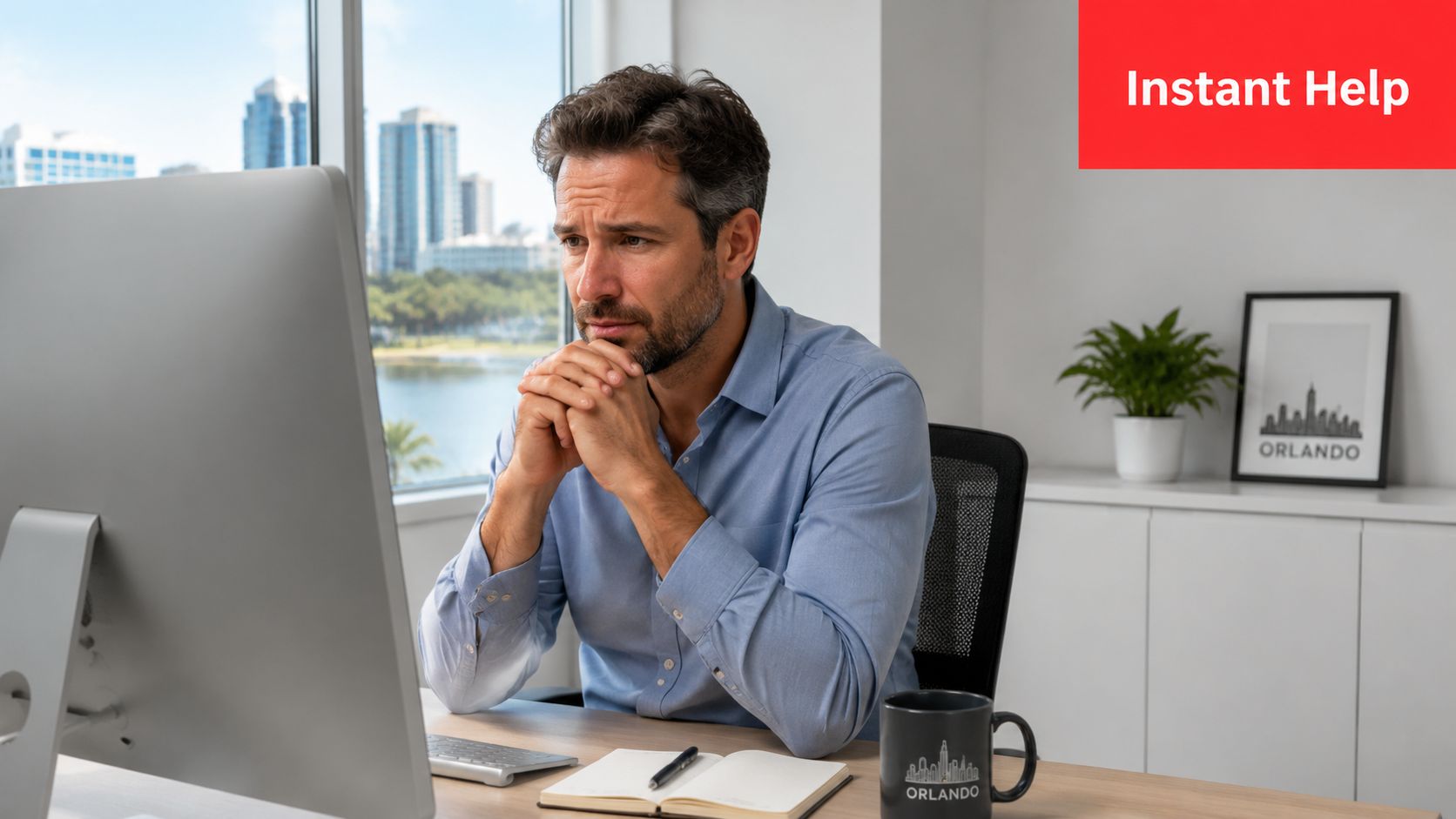 A concerned professional man in a blue shirt working on a computer in his office.