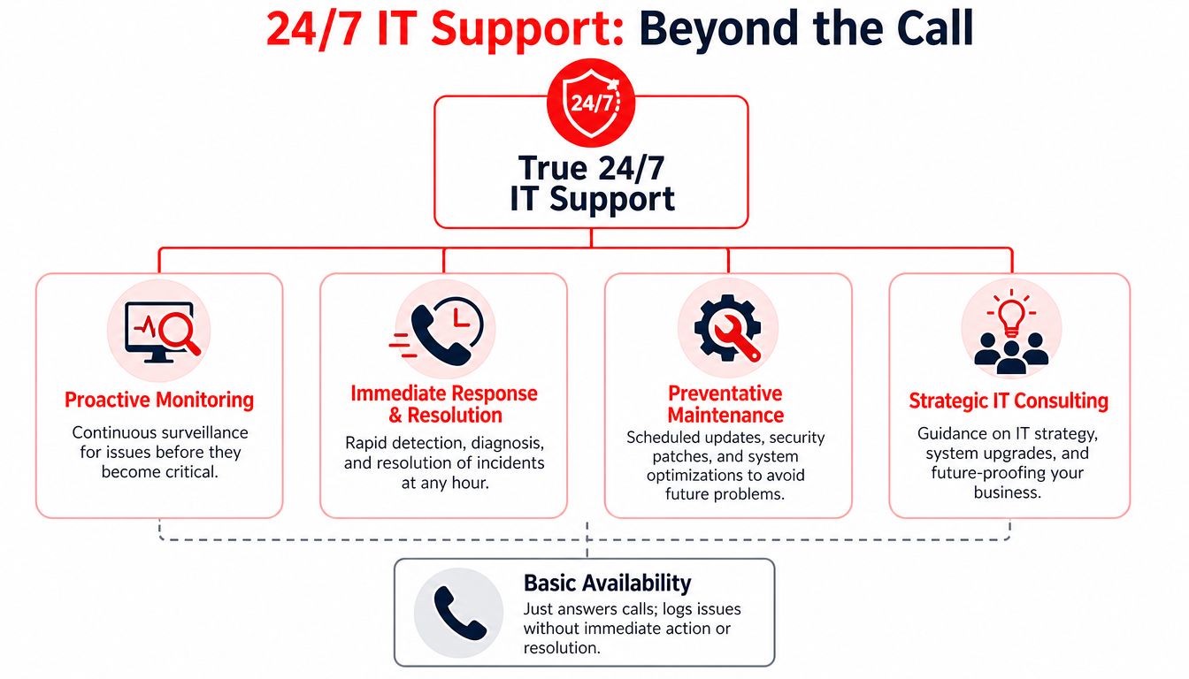An infographic comparing comprehensive 24/7 IT support services against basic call answering help desk availability.