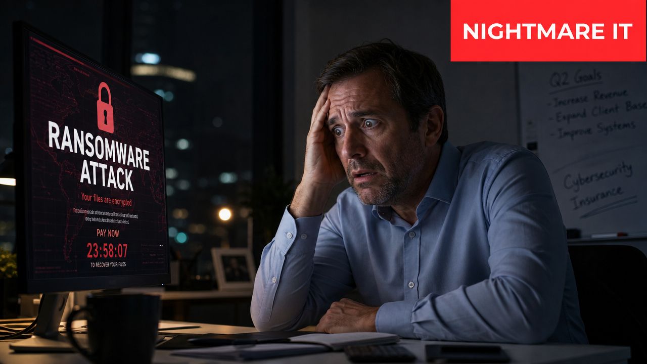 A distressed office worker looking at a computer screen displaying a red ransomware attack notification alert.