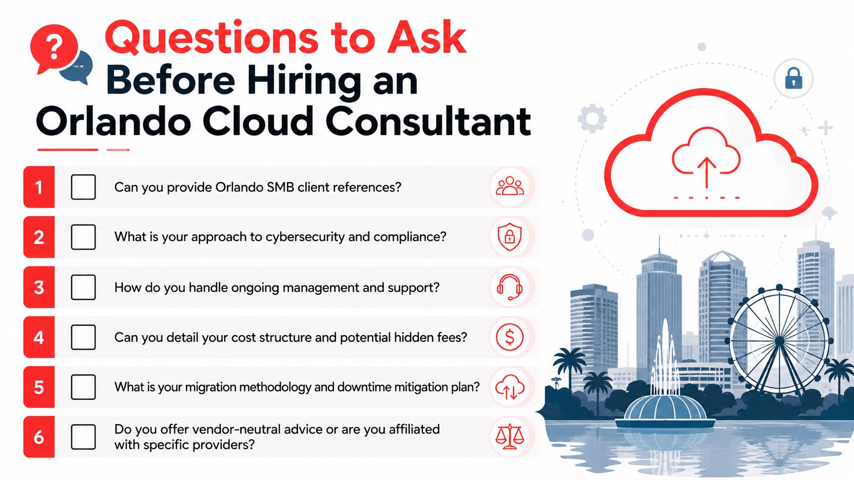 A checklist of six essential questions to ask when hiring a cloud consultant in Orlando, Florida.
