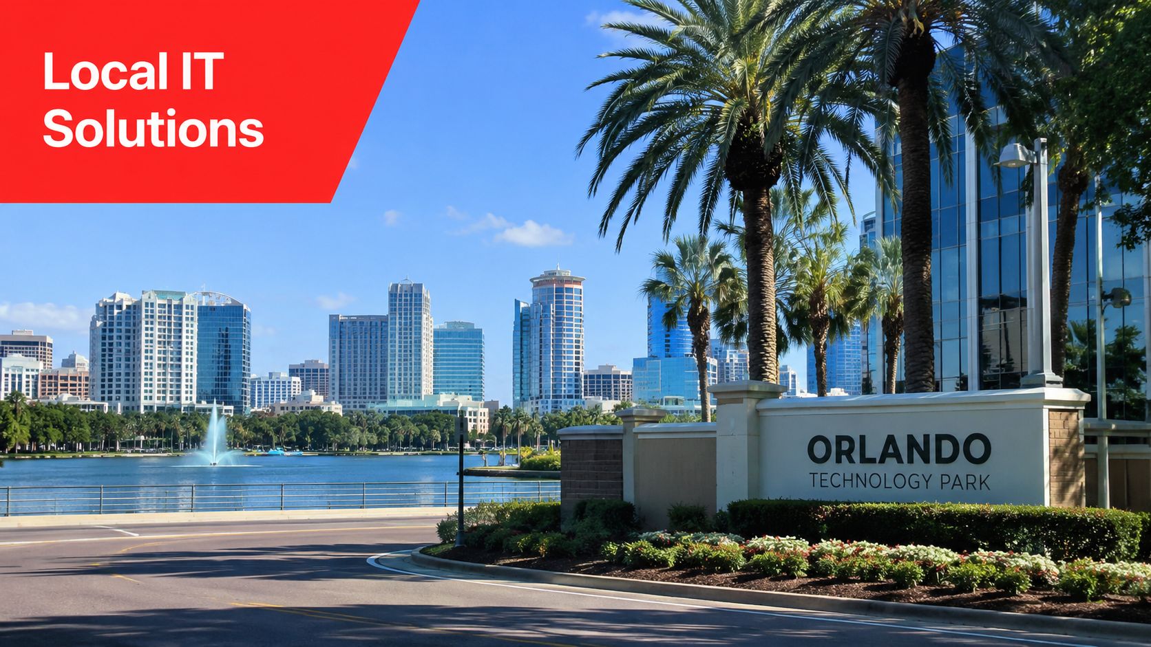 A scenic view of the Orlando Technology Park with a fountain, skyscrapers, and palm trees nearby.