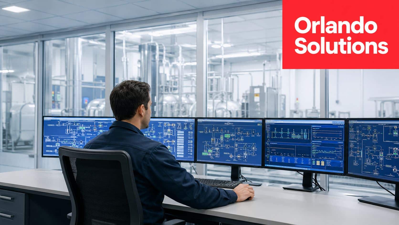An industrial plant operator working at a desk with multiple monitors displaying complex engineering control systems.