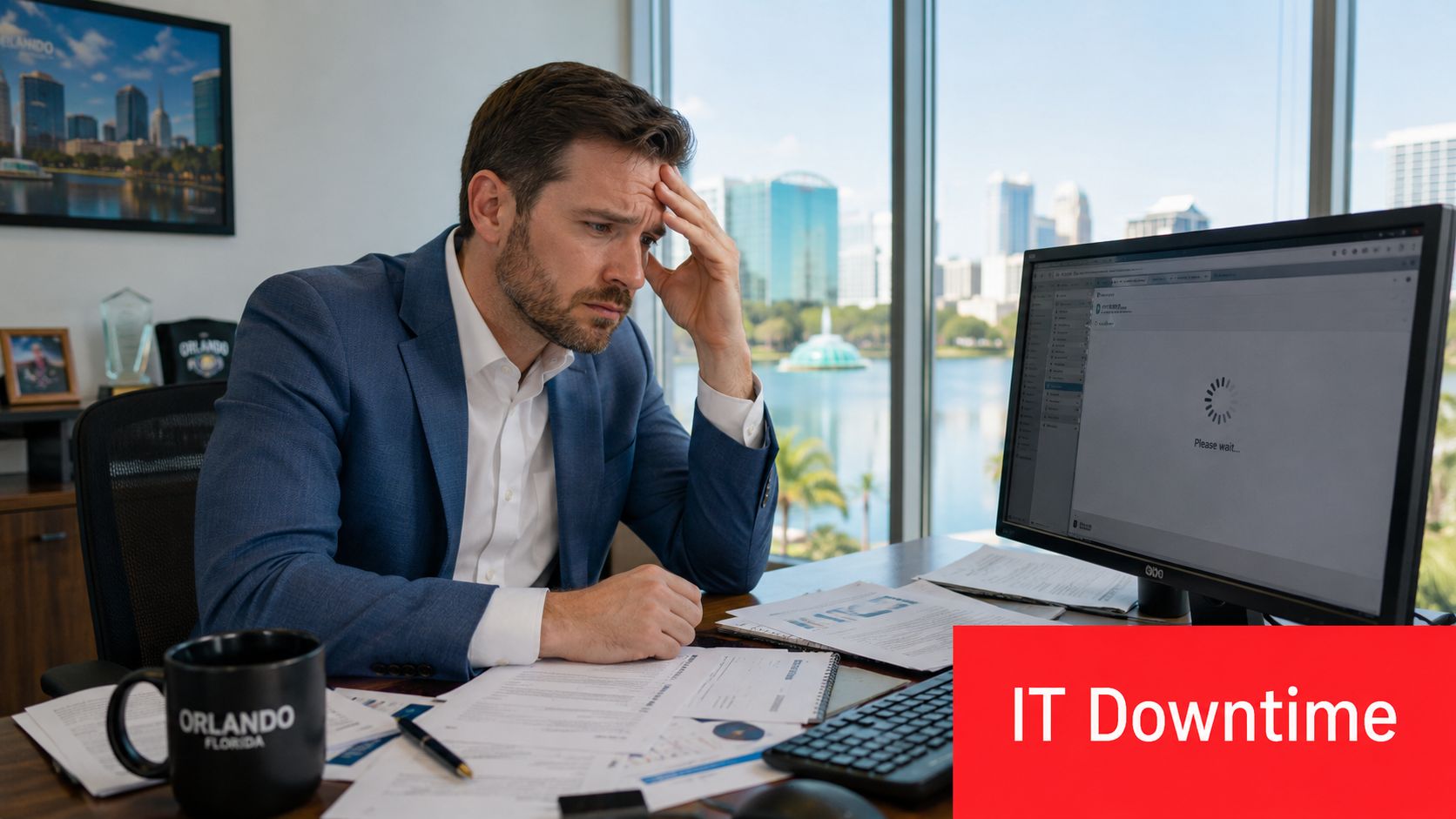 A stressed businessman sits at his desk in an office while experiencing IT downtime at his computer.