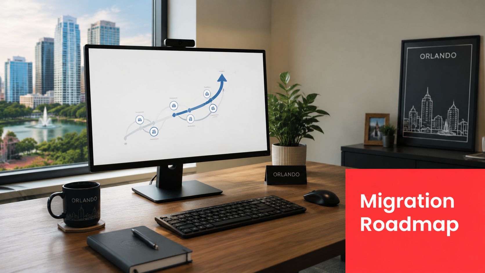 A modern office workspace featuring a computer screen displaying a migration roadmap chart in Orlando.