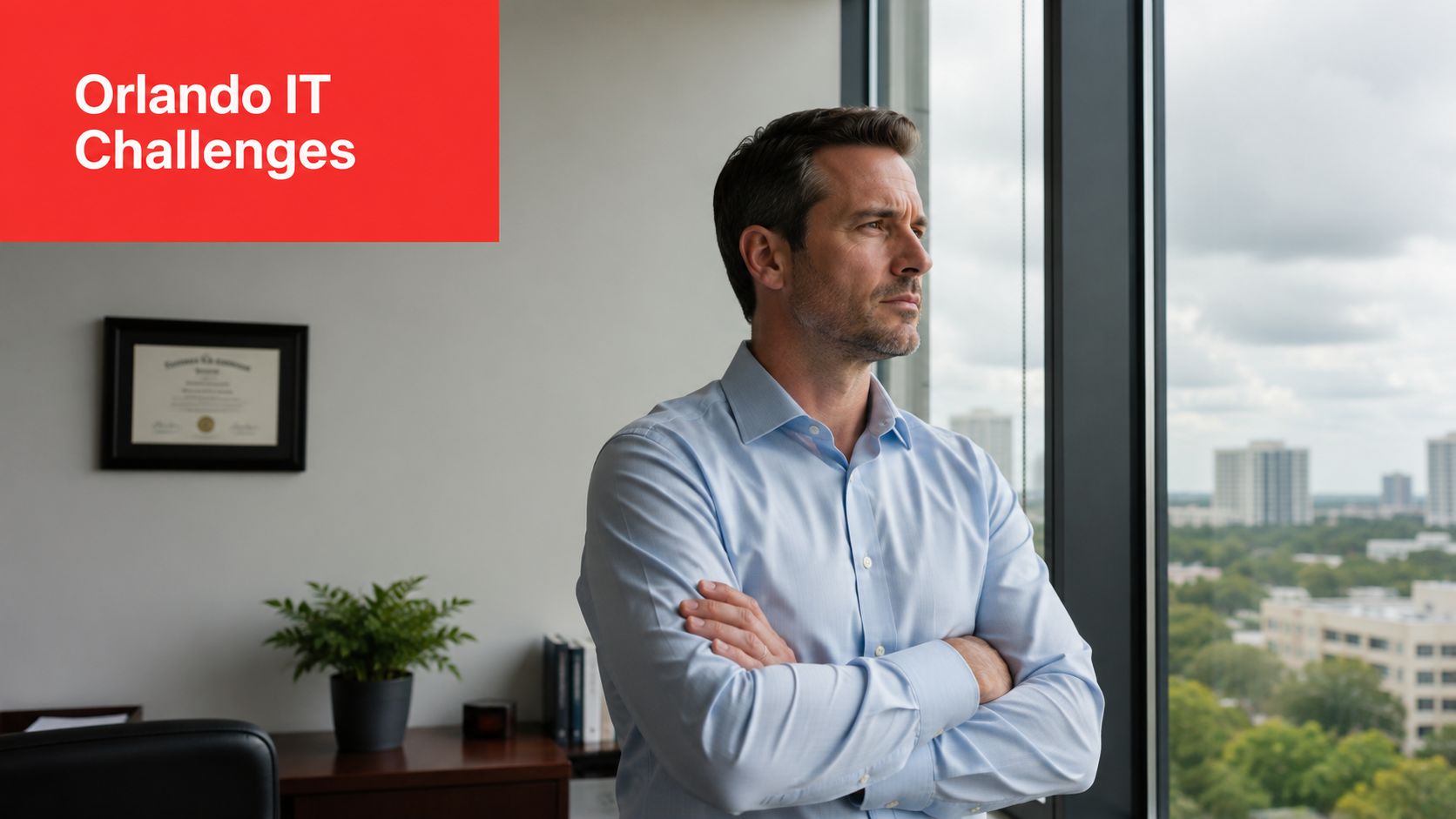 A professional man looking out an office window with a city view, pondering business IT strategies.