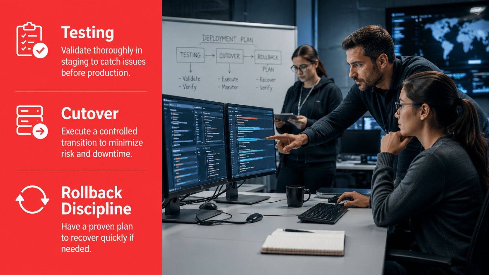 A team of software engineers monitors a digital dashboard during a complex cloud migration deployment process.