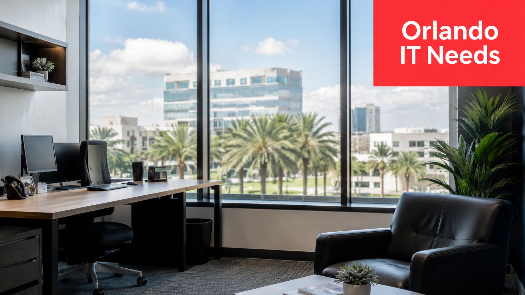 A modern, professional office space featuring a desk, chair, and a bright view of Orlando palm trees.
