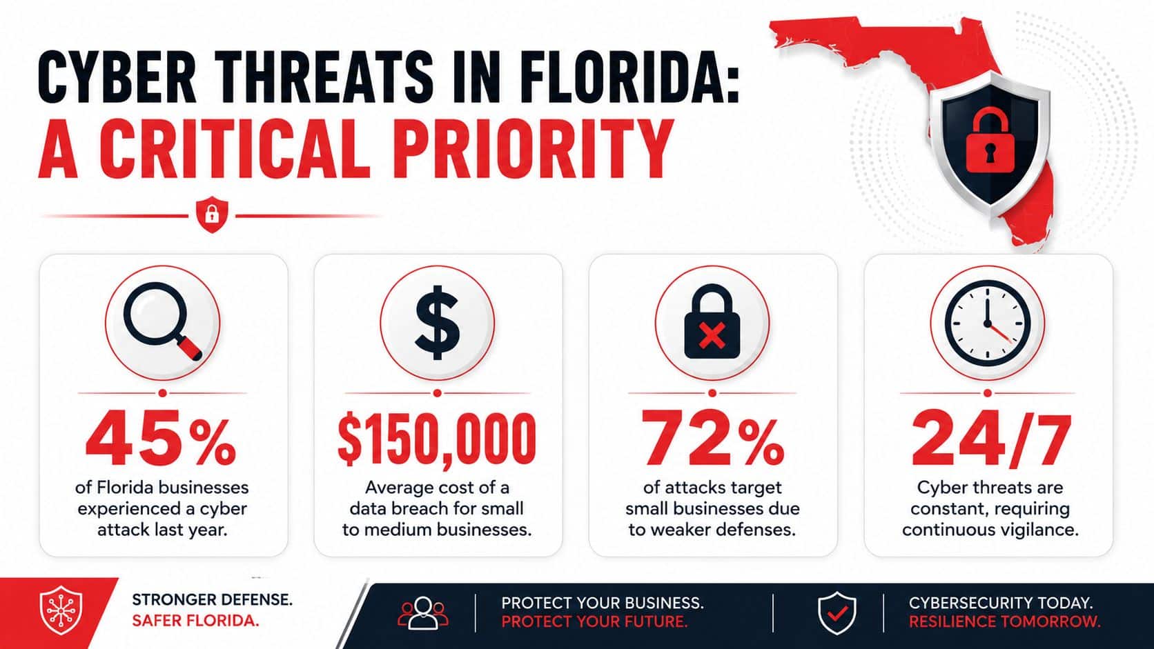 An infographic highlighting critical cyber threat statistics for small to medium-sized businesses in Florida.