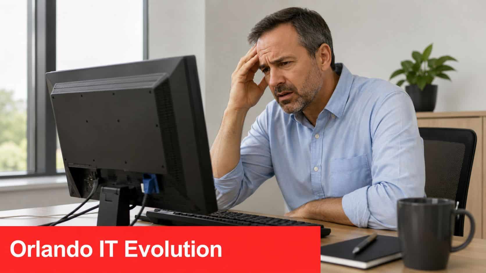 A middle-aged man looking frustrated while sitting at his desk working on a computer.