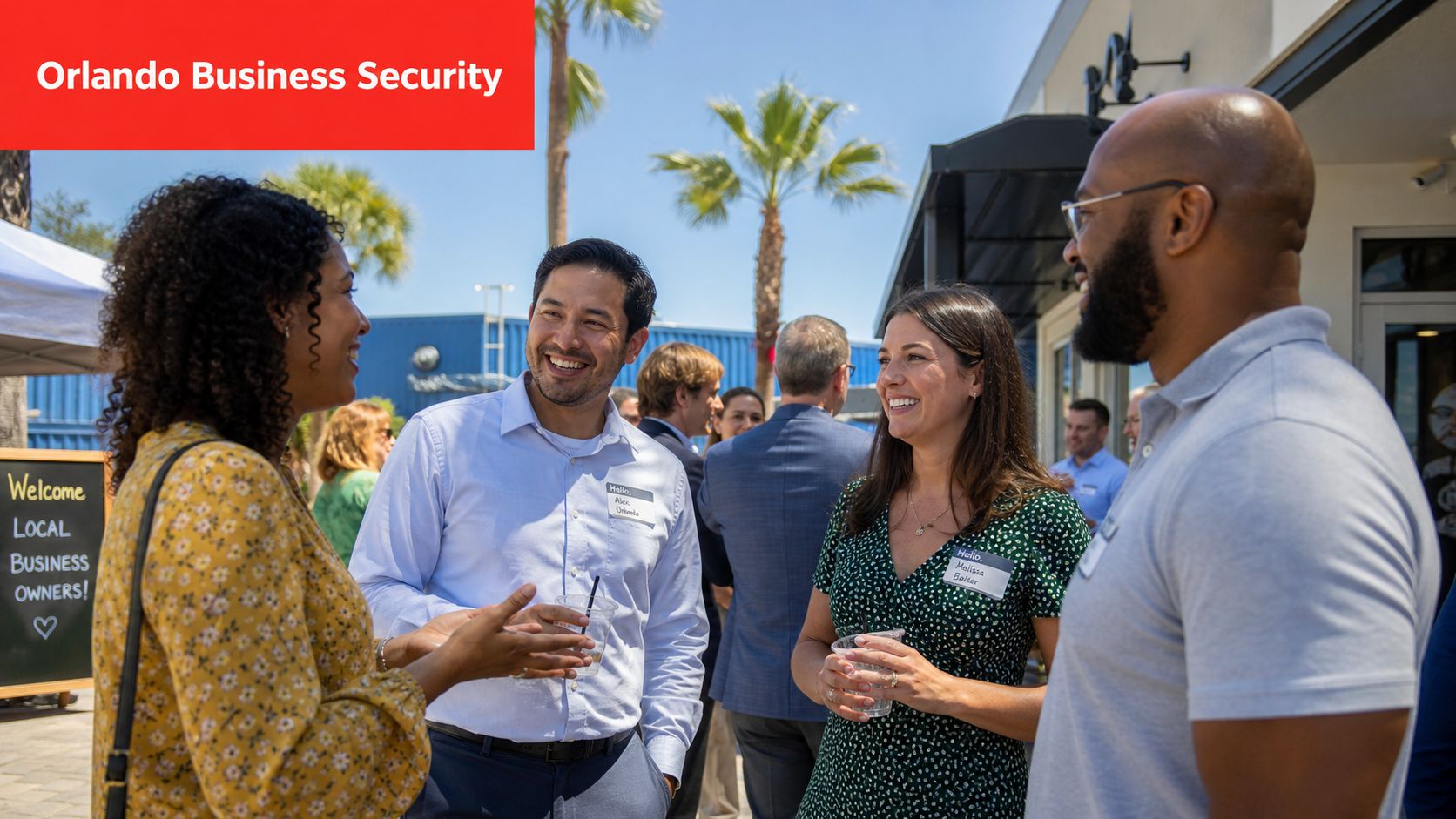 A group of diverse professionals networking and smiling during an outdoor business event in sunny Orlando.
