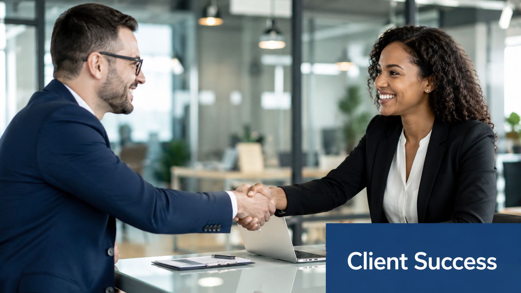 A professional man and woman in business attire shaking hands in a modern office environment.