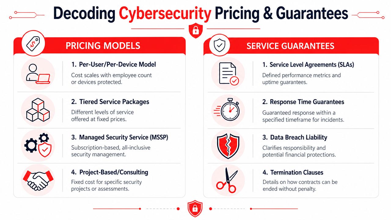 An infographic detailing various cybersecurity pricing models and service guarantees for businesses to consider when hiring providers.