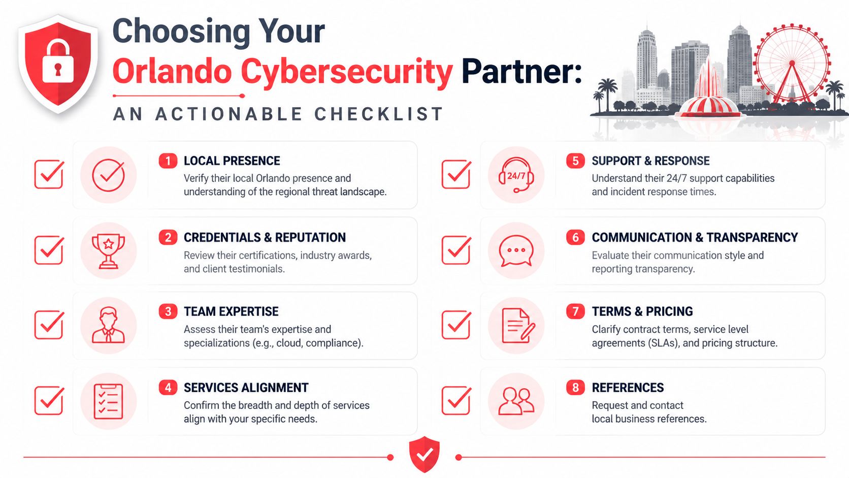 An infographic checklist for choosing a professional cybersecurity partner in the Orlando, Florida area.