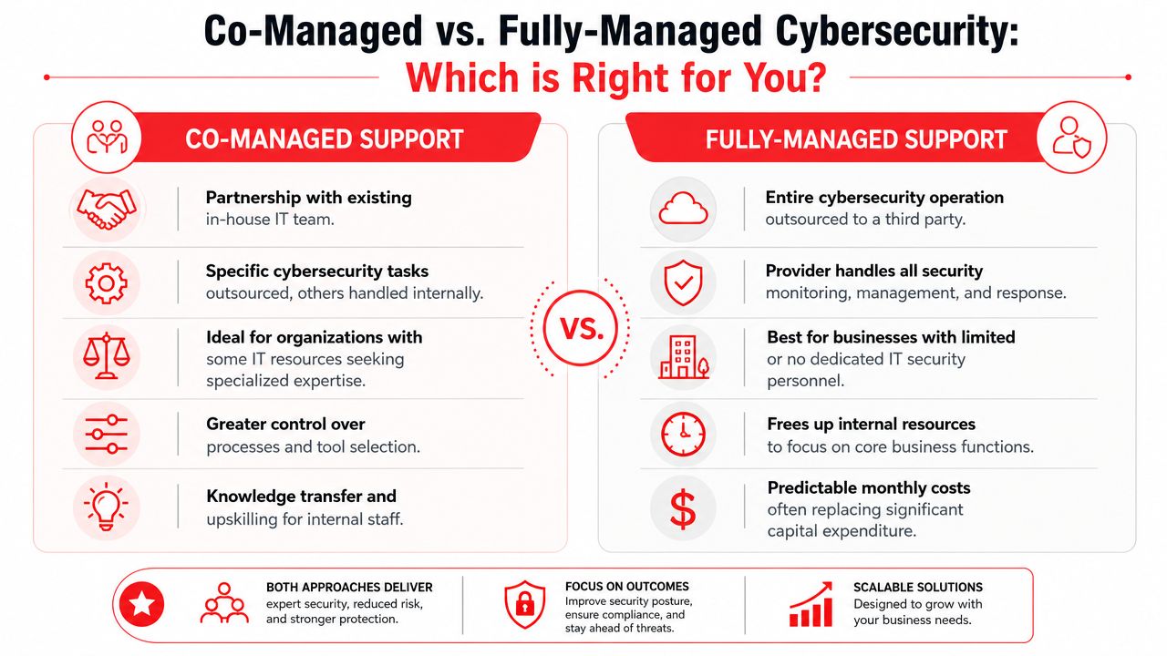 A comparison chart outlining the differences between co-managed and fully-managed cybersecurity support services for businesses.