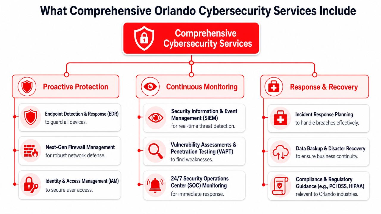 A diagram outlining comprehensive cybersecurity services, including proactive protection, continuous monitoring, and response and recovery strategies.