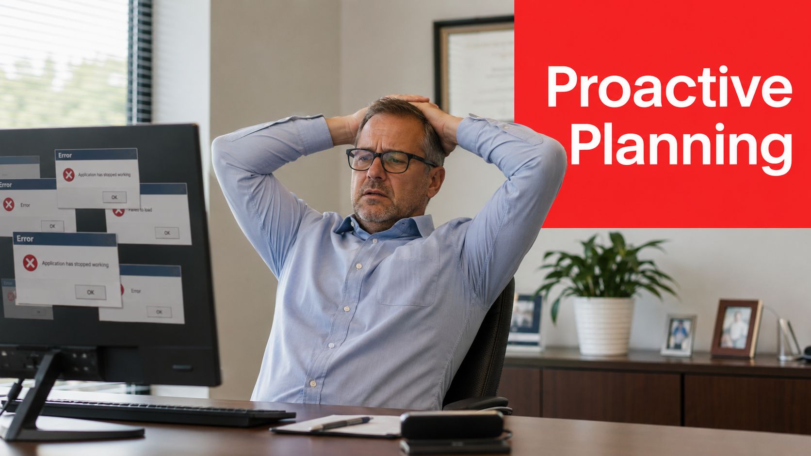 A stressed businessman sits at his office desk looking at multiple error messages on his computer monitor.