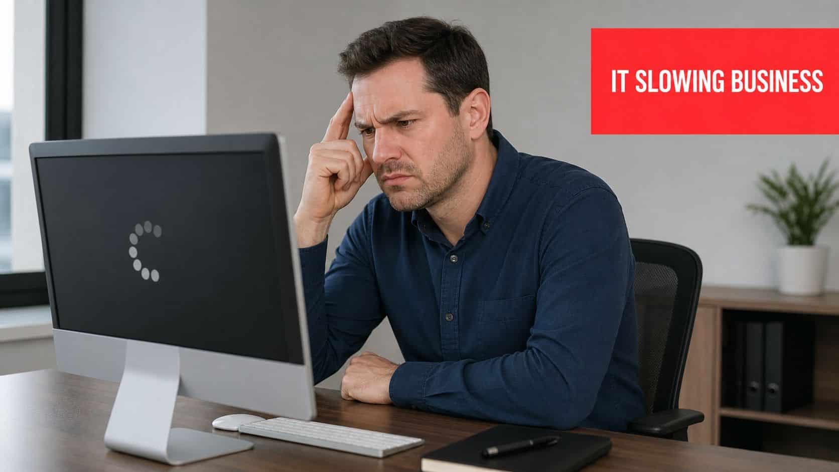 A frustrated office worker stares at a computer screen showing a loading symbol, representing IT issues.