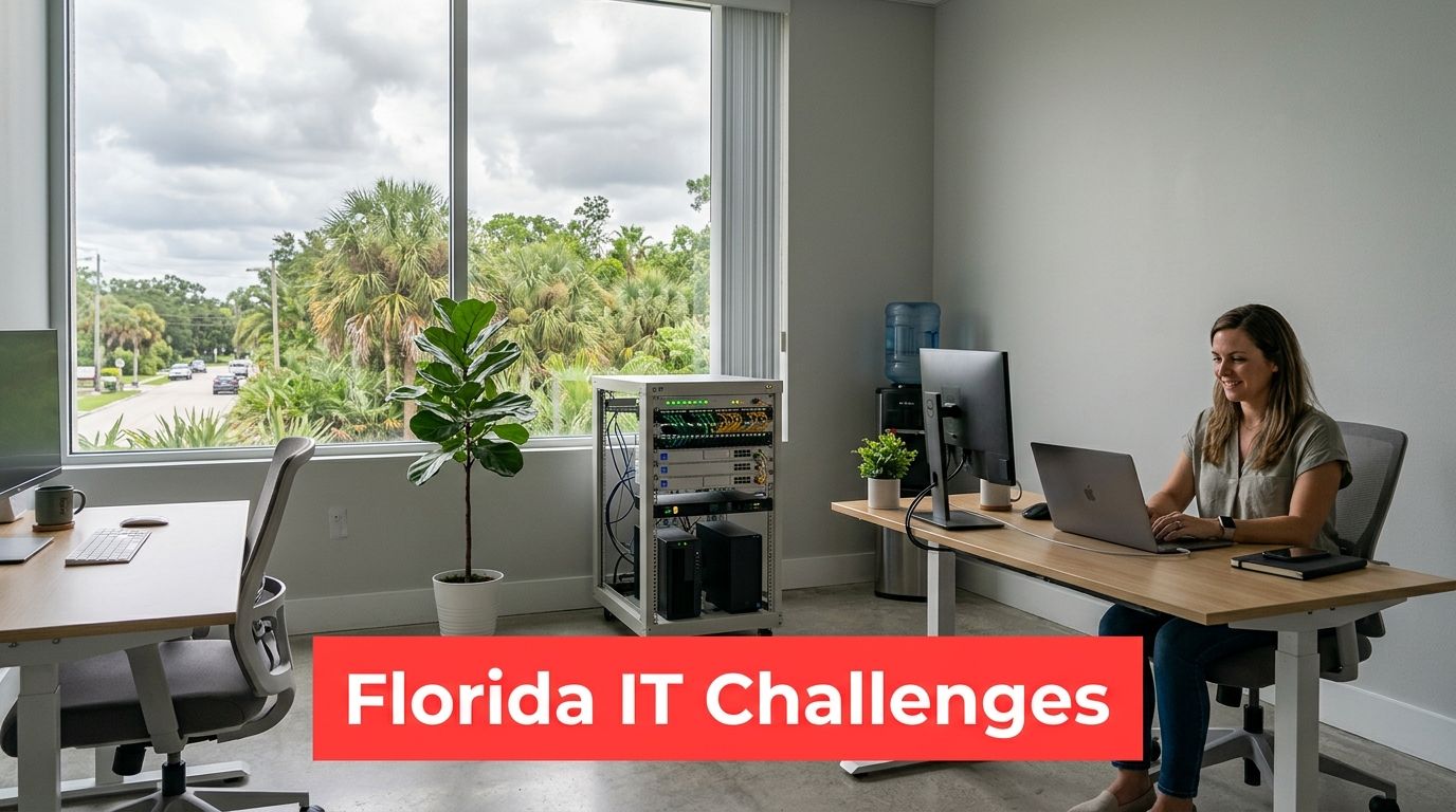 A professional woman working in a modern office in Florida with computer servers in the background.
