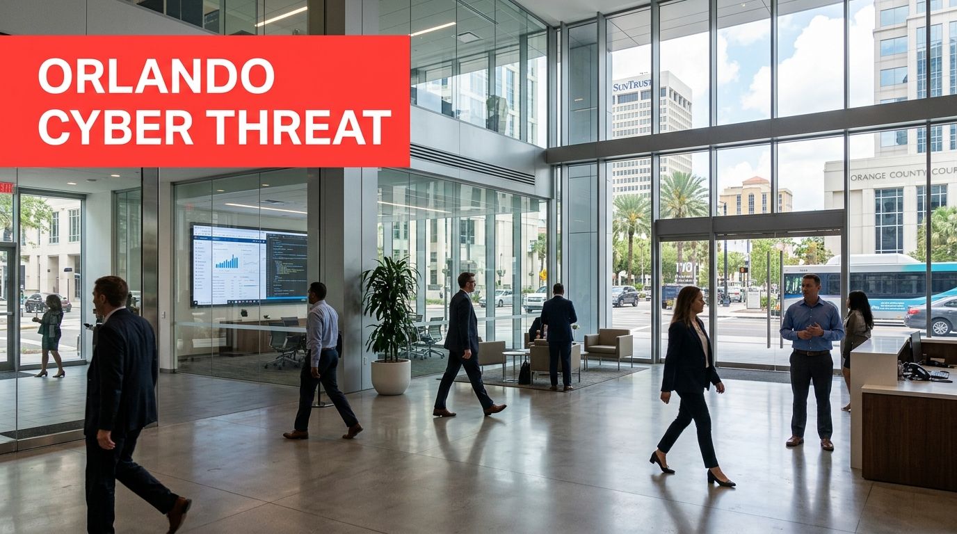 Professionals walking through a modern office lobby area with large glass windows and city view.
