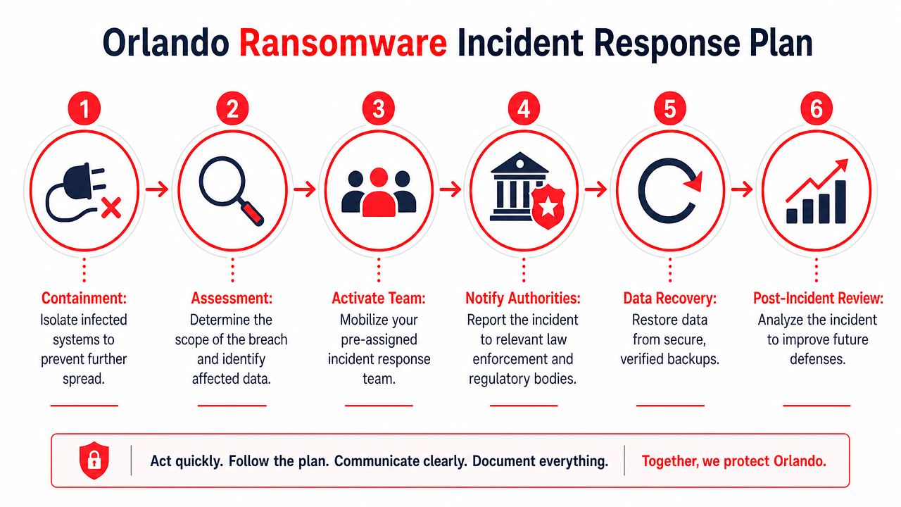 A six-step incident response plan infographic for managing and recovering from a ransomware security attack in Orlando.