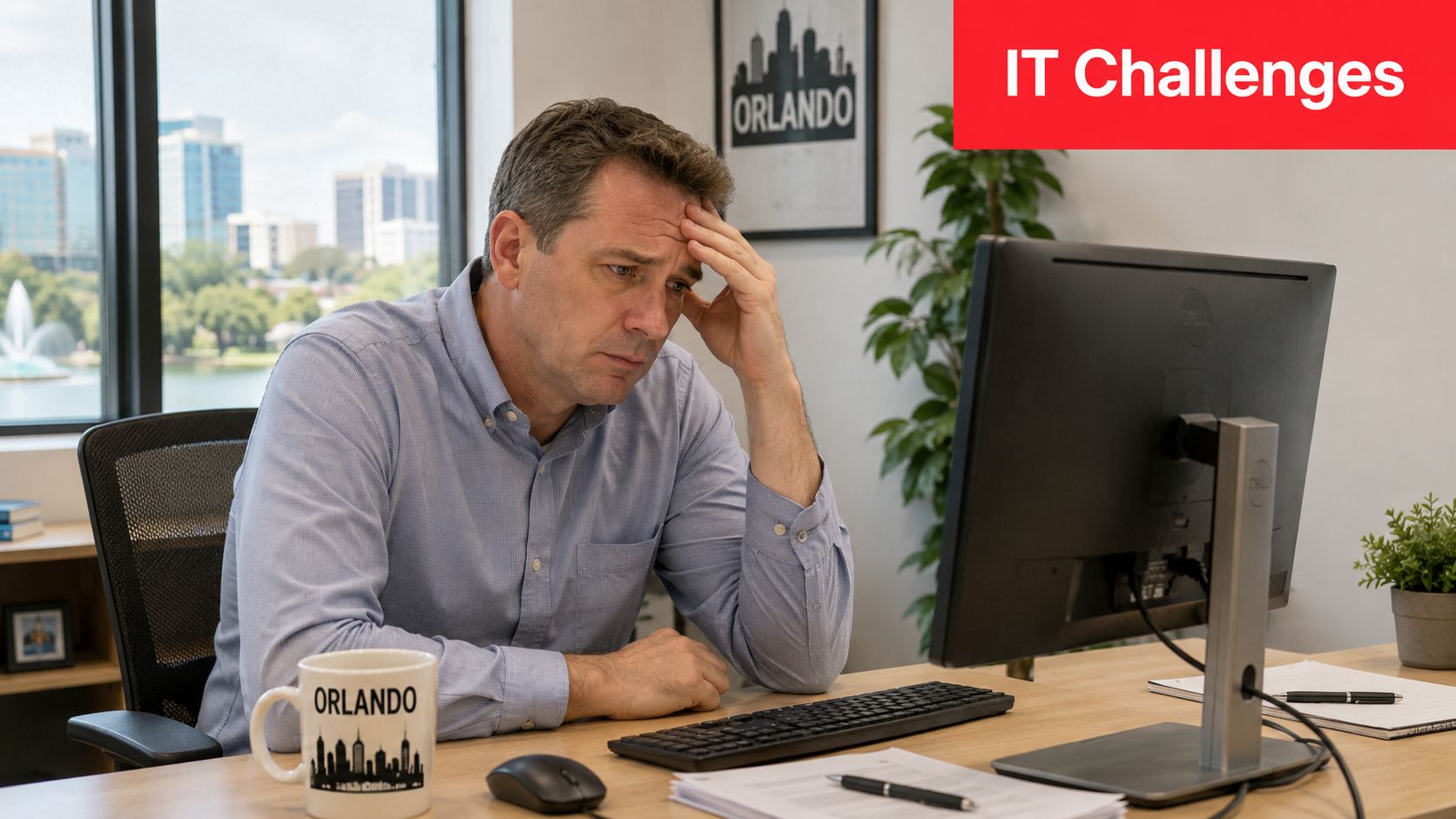 A stressed office worker sitting at his desk looking at a computer monitor in an Orlando office.