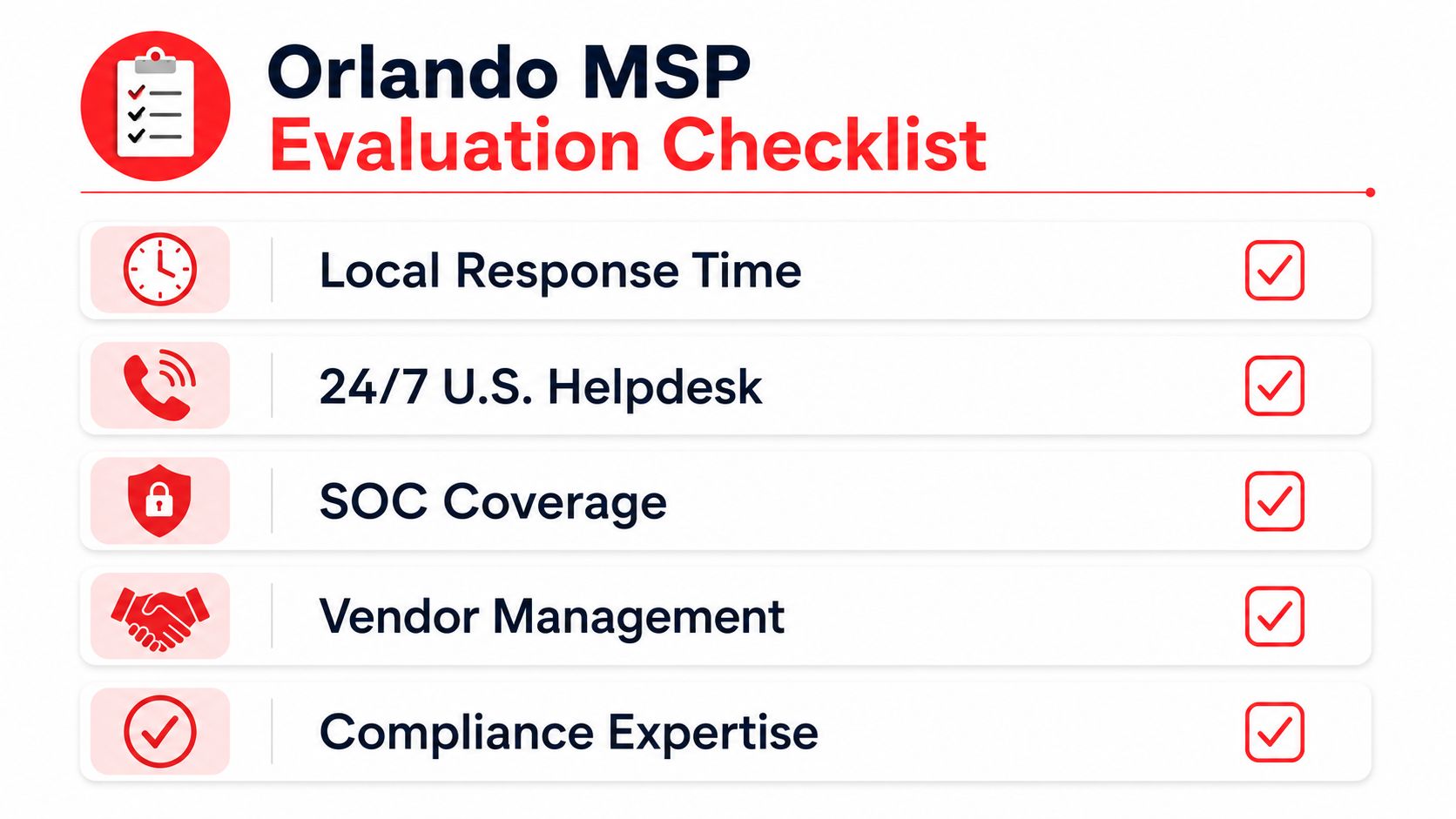 A checklist for evaluating an Orlando managed service provider showing key IT support services with checkmarks.