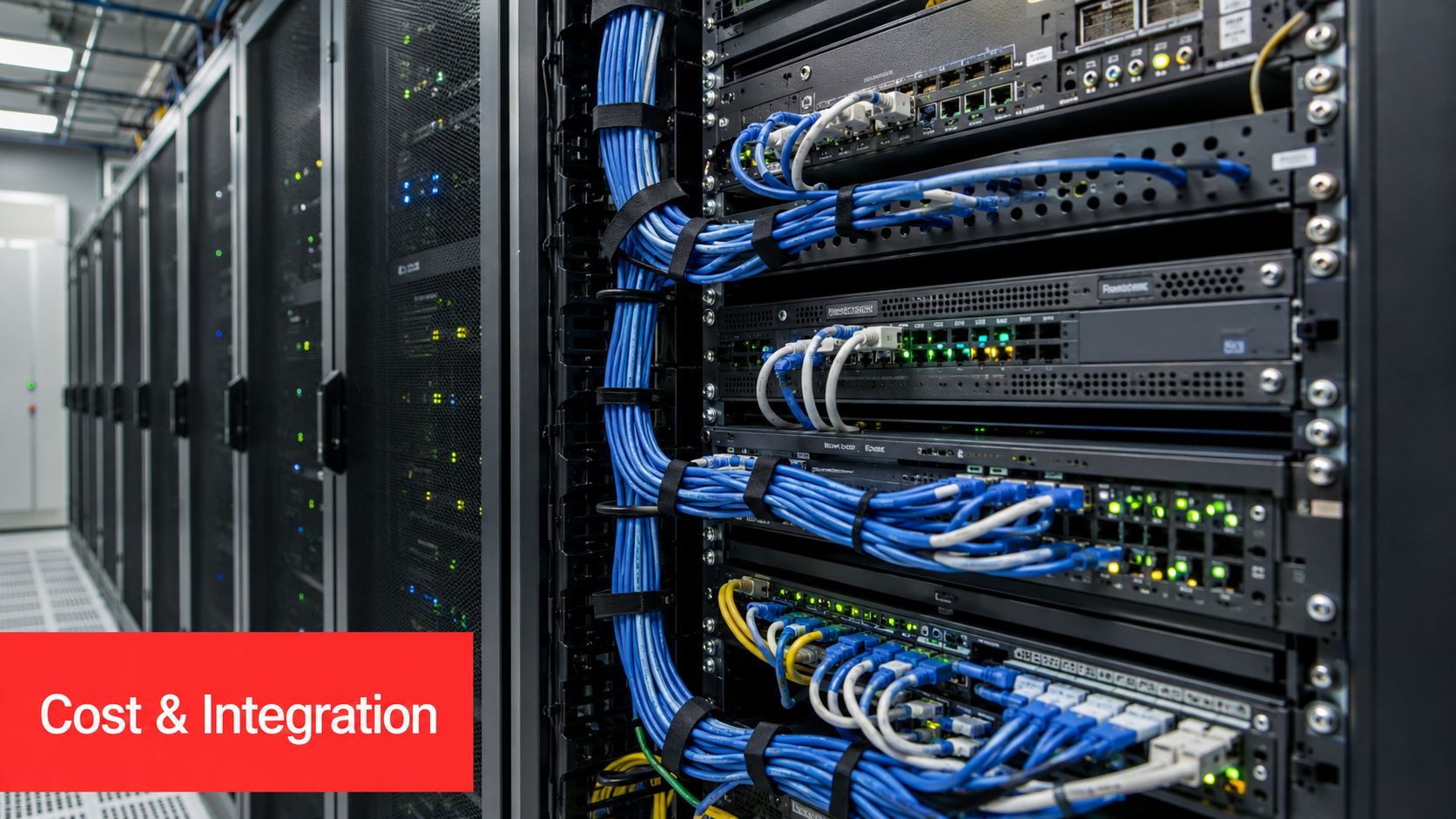 A close-up view of networking server equipment inside a data center with organized blue Ethernet cabling.