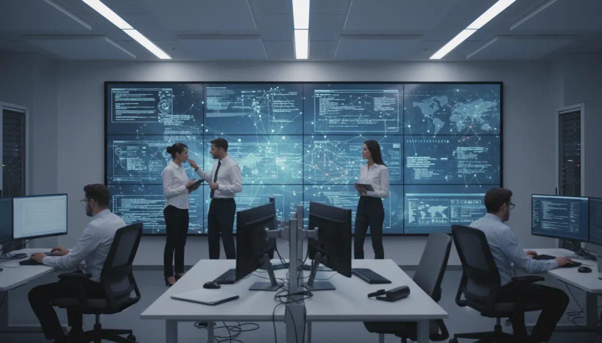 A photorealistic, neutral-toned modern office war room with real cybersecurity and AI professionals analyzing complex data dashboards on large wall screens. The atmosphere is serious and professional, with realistic lighting and detailed technology equipment. No cartoon or illustrated elements. A photorealistic, neutral-toned modern office war room with real cybersecurity and AI professionals analyzing complex data dashboards on large wall screens. The atmosphere is serious and professional, with realistic lighting and detailed technology equipment. No cartoon or illustrated elements.