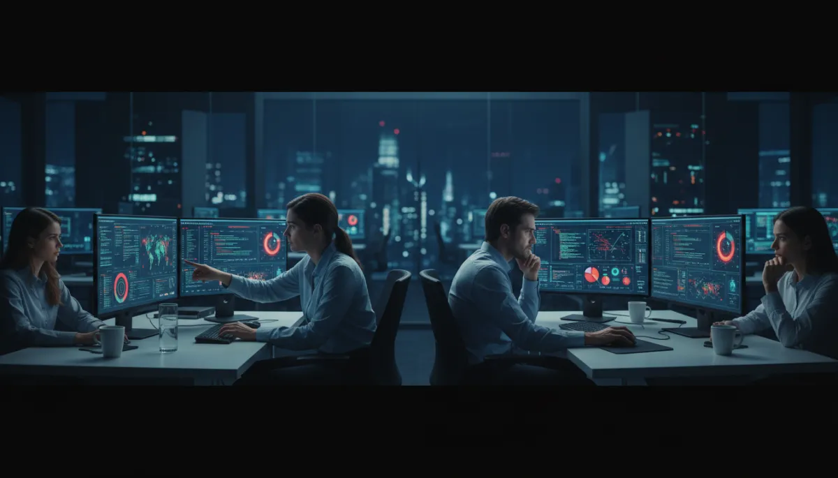 A photorealistic image of cybersecurity analysts in a modern operations center, attentively validating AI-generated alerts by reviewing logs on multiple computer monitors. The environment should look real, with natural human expressions and authentic technology. No cartoon or illustrated elements. A photorealistic image of cybersecurity analysts in a modern operations center, attentively validating AI-generated alerts by reviewing logs on multiple computer monitors. The environment should look real, with natural human expressions and authentic technology. No cartoon or illustrated elements.