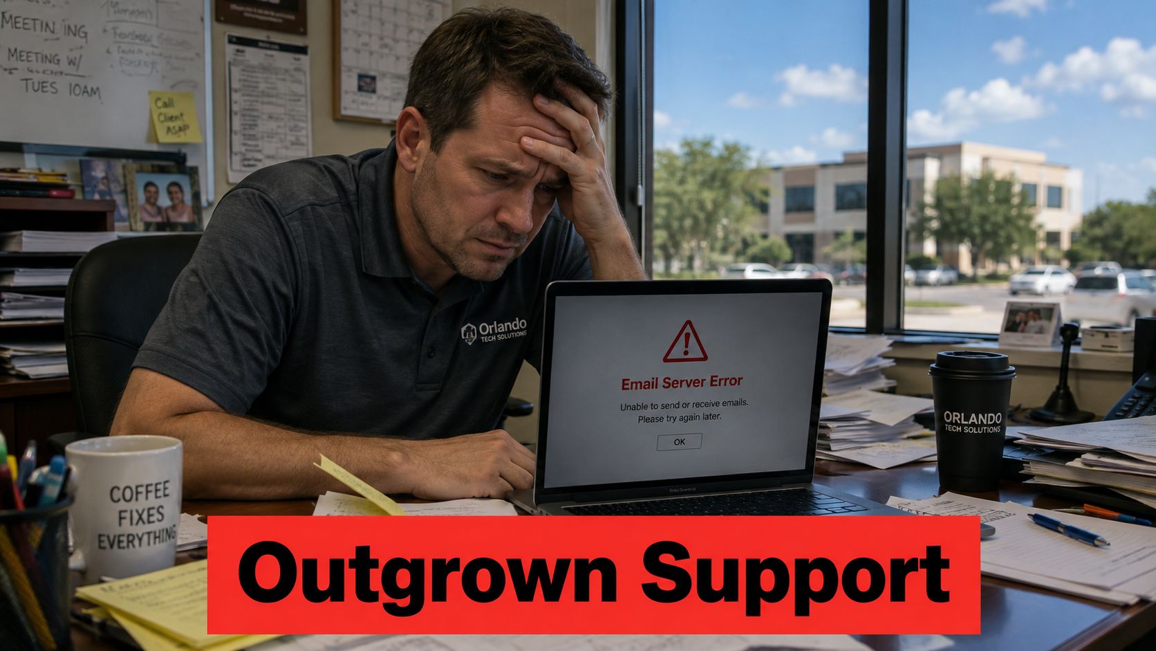 A frustrated office worker dealing with an email server error on his laptop at his desk.