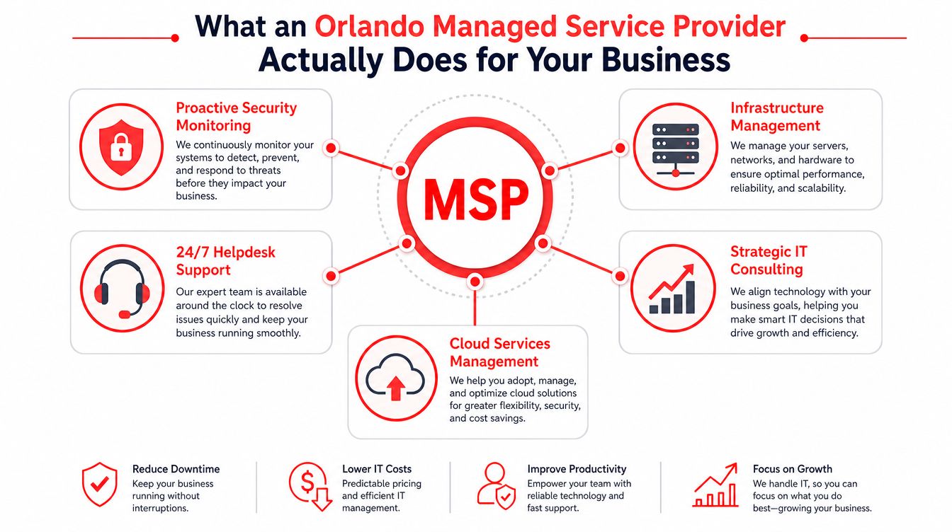 A diagram illustrating the core services provided by an Orlando Managed Service Provider for business technology support.